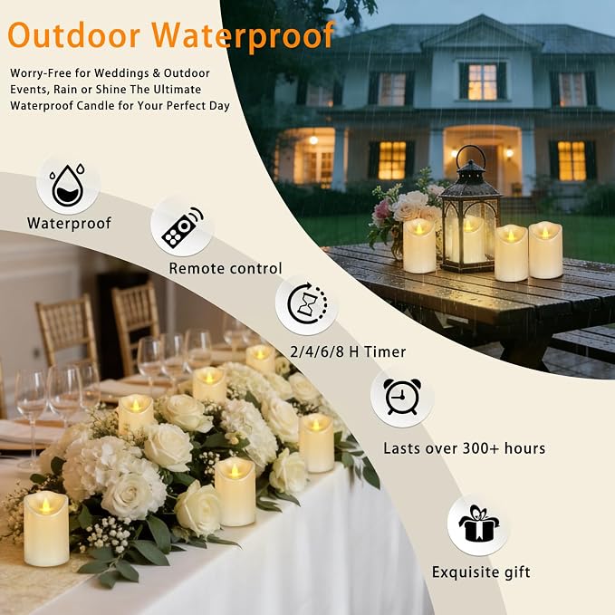 Bulk Set of 12 Outdoor Flameless Candles, Patented 3D Dual-LED Resin Pillars with 2 Remotes, Pure White Waterproof Non-Melting Battery Operated Wedding Aisle Decor, (White, D3 X H6)