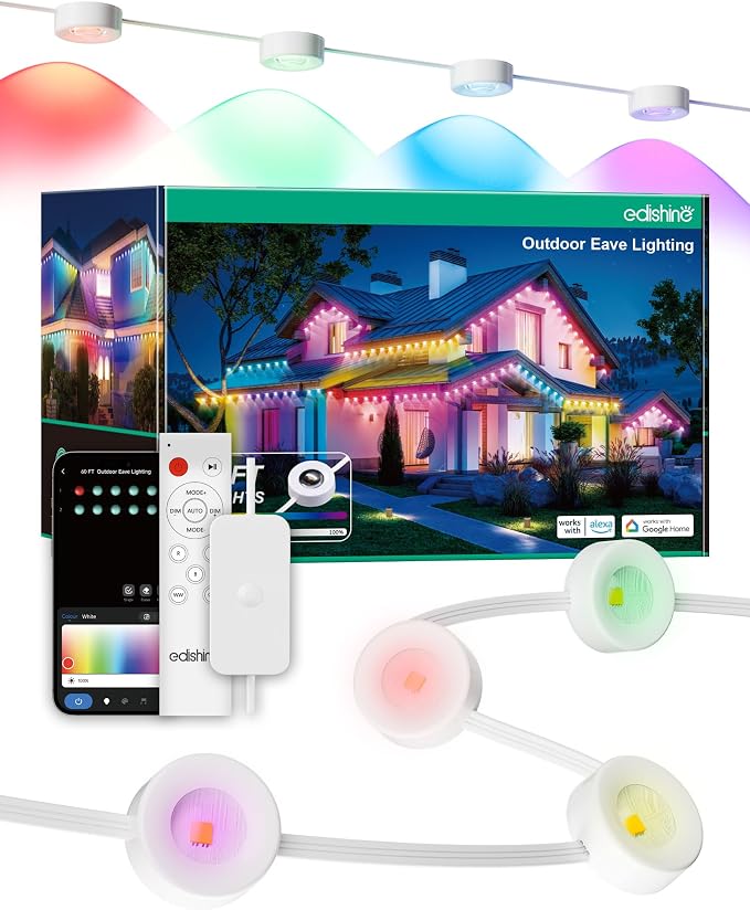 EDISHINE 120FT IP67 Waterproof Smart Outdoor Permanent Lights, RGBIC | App/Voice/Remote Control, 50 Scene Modes, LED Eave Lights, 120° Beam Angle for Daily and Festive Celebrations
