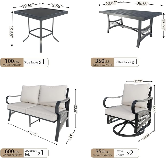5 Pieces Outdoor Conversation Set, Rope Patio Furniture Sets Metal 2 Swivel Rockers with Side Table Loveseat Sofa with Coffee Table, Beige Cushions