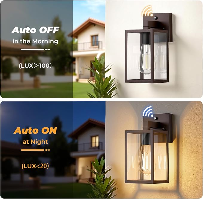 FOLKSMATE 2 Pack Dusk to Dawn Outdoor Wall Light Fixtures, Exterior Porch Light, Waterproof Wall Sconces Lanterns, Sensor Lighting Wall Mount for House Doorway Garage, Dark Chocolate