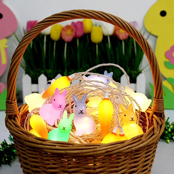 8.5Ft Easter Rabbit String Lights, 10L Plug in Pastel Easter Bunny Carrot Lights Connectable for Outdoor/Indoor Holiday Home Kits Classroom Bedroom Windows Tree Garden Spring Decoration