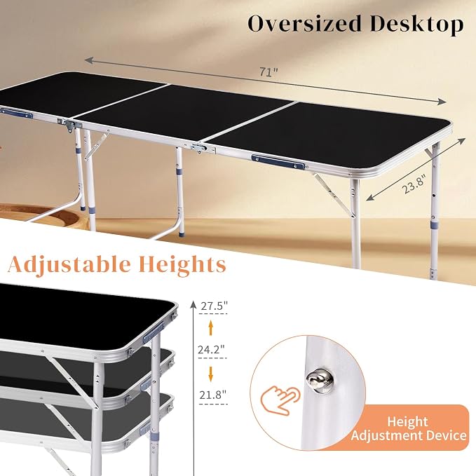6-Feet Portable Folding Camping Table with Adjustable Height, Lightweight Aluminum Utility Table for Outdoor Camping Patio Picnic Backyard BBQ Dining Party, with Carrying Handle, Black