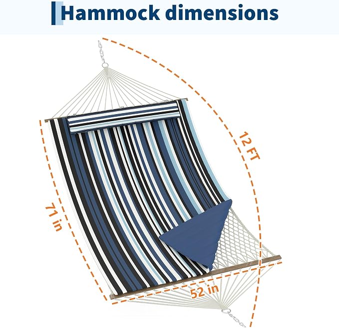 Garvee Double Quilted Fabric Hammock with Hardwood Spreader Bars and Pillow 450 LBS Capacity 2 Person Large Hammock for Outdoor Patio, Backyard, Poolside（Dark and Light Blue Stripes）