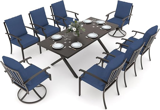 Gotland 9 Piece Outdoor Dining Set, Metal Outdoor Table and Swivel Chairs with X-Shaped Legs 1.5" Umbrella Hole, Patio Furniture Set with Waterproof Cushions, Patio Dining Sets for Backyard Deck Navy