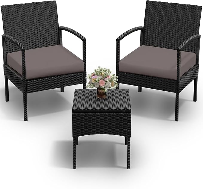 PROHIKER 3 PCS Patio Rattan Conversation Bistro Chairs Set, Outdoor Patio Furniture Wicker Bistro Set with Coffee Table for Garden Porch Balcony Yard Lawn, Brown