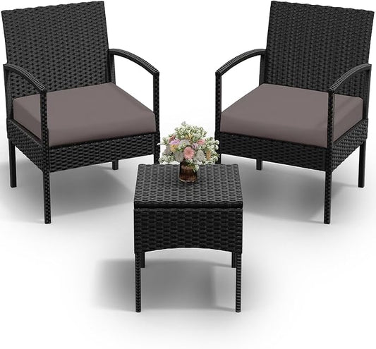 PROHIKER 3 PCS Patio Rattan Conversation Bistro Chairs Set, Outdoor Patio Furniture Wicker Bistro Set with Coffee Table for Garden Porch Balcony Yard Lawn, Brown