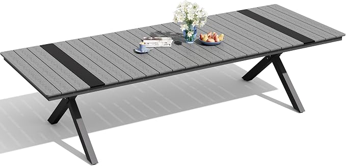 Pellebant 118" Outdoor Dining Table for 8-12, 10ft Aluminum Patio Table with Umbrella Hole, Weather Resistant Grey Wood Grain Tabletop and Sturdy Frame for Deck, Porch, Backyard