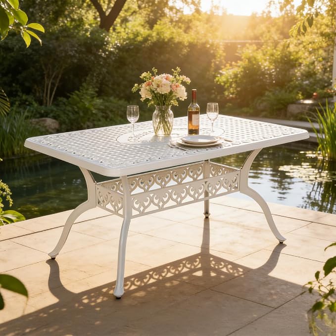 MEETWARM 60"x36" Cast Aluminum Patio Dining Table, Weather-Resistant Large Outdoor Dining Table for 6-8 Person, Patio Furniture Rectangular Table with Umbrella Hole and Adjustable Foot Pads, White