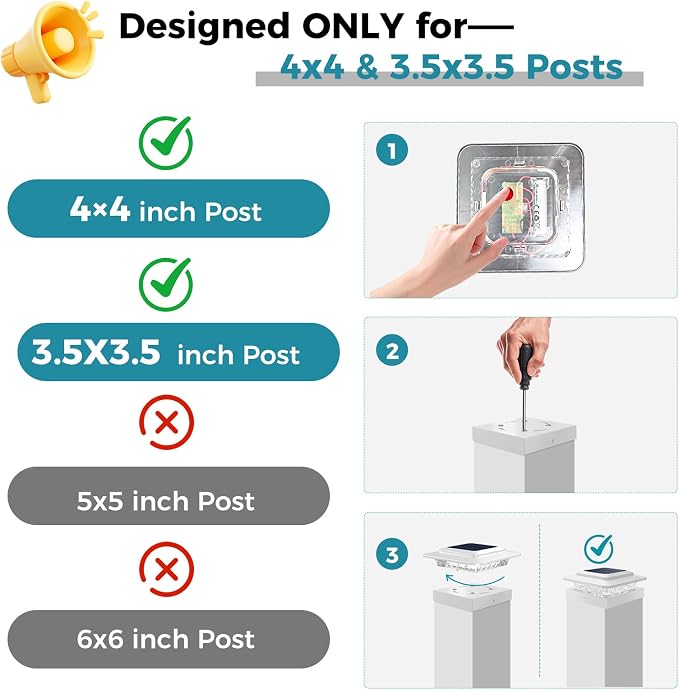 kolpop 4x4 Solar Post Cap Lights Outdoor 8Pack- 3 Color Temperatures&2 Level Brightness, IP65 Waterproof, 16 LED Fence Deck Post Light Solar Powered Only for 4×4/3.5×3.5 Wood/Vinyl Posts(White)
