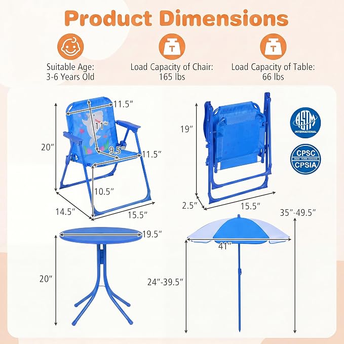 KOTEK Kids Picnic Table with Umbrella, Outdoor Table & 2 Folding Chairs, Cute Pattern Children’s Patio Furniture, Portable Kids Table and Chair Set for Backyard, Garden, Beach (Blue Ocean)