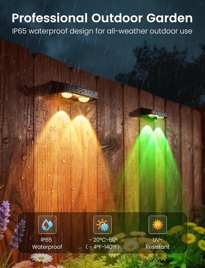Solar Fence Lights Outdoor, 4 Pack Color Changing Fence Lights Solar Powered with 9 RGB Colors & 11 Lighting Modes, IP65 Waterproof Dusk to Dawn Fence Lights for Patio, Deck, Wall, Backyard