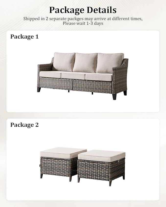Outdoor Furniture Set of 3, Patio Furniture Set with 3-seat Sofa, and 2 Ottomans, High Back&Deep Seat for Garden Deck Porch Balcony Backyard - Beige