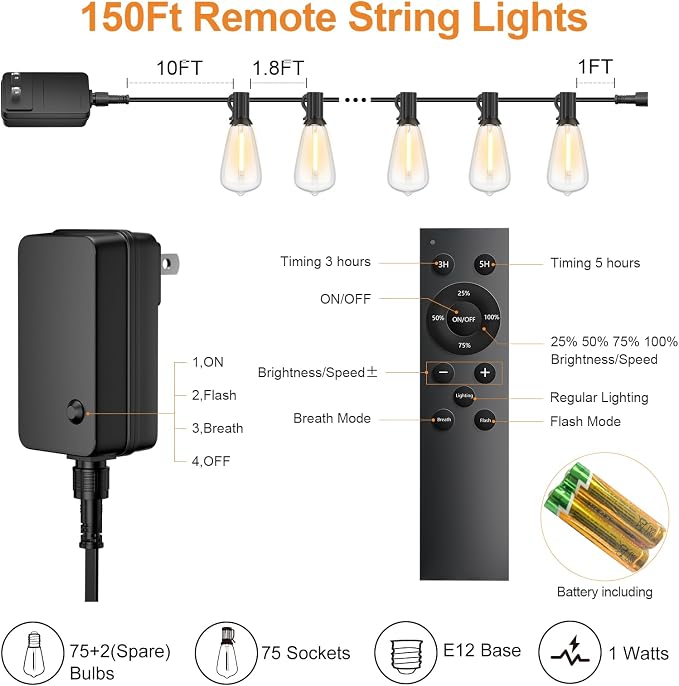 Outdoor String Lights 150FT 75+3 LED, Waterproof Dimmable Patio Lights | Remote Control, Shatterproof Edison ST38 Bulbs, Timer, Plug-In, Warm White Hanging Light for Garden Yard Porch Deck Decor