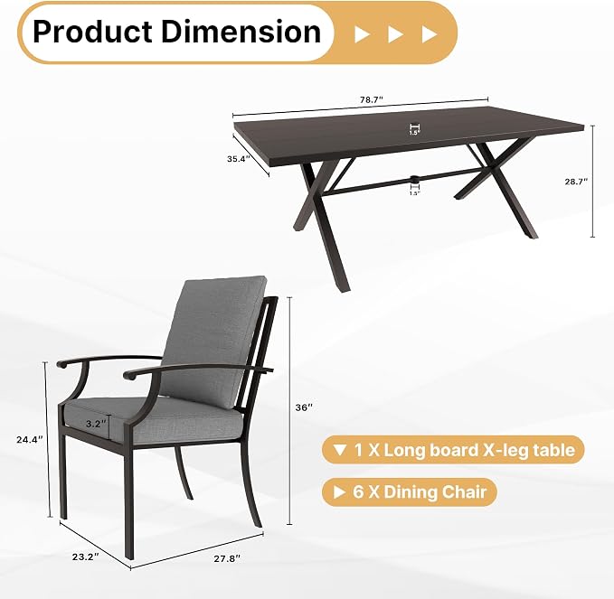 Gotland 7 Piece Outdoor Dining Set, Metal Outdoor Table and Chairs with X-Shaped Legs 1.5" Umbrella Hole, Patio Furniture Set with Waterproof Cushions, Patio Dining Sets for Backyard Deck Gray