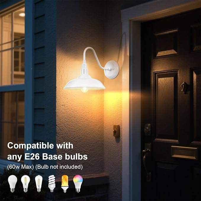 10 Inch Dome Outdoor Gooseneck Barn Light Fixture White Exterior Barn Wall Lantern, Farmhouse Porch Outside Wall Mount Lighting, Waterproof Outdoor Coach Wall Sconce for Garage, Patio