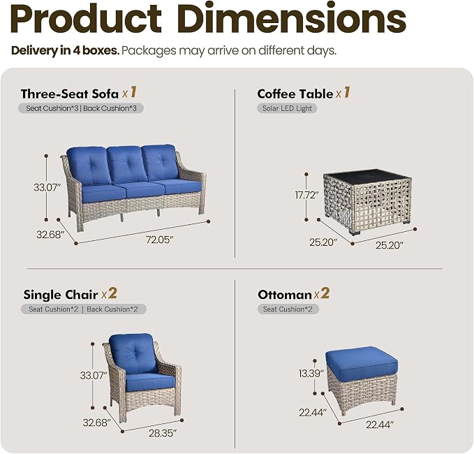 6 Piece Patio Furniture Set with Solar Lights Coffee Table, Outdoor Wicker High Back Sofa Chairs Ottomans with Cushions, All Weather Conversation Set for Backyard Porch Deck, Navy Blue