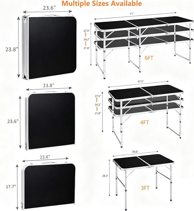 Folding Table 4 Foot - 3-Position Adjustable Height, Lightweight Fold-in-Half Utility Table for Outdoor Picnic BBQ Camping Fishing RV Beach, Aluminum Frame, MDF Desktop, with Carrying Handle