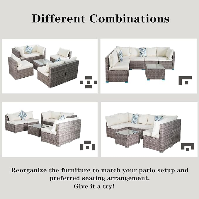 7 Piece Patio Furniture Sets, Rattan Conversation Sectional Set with Glass Table Outdoor Patio Sofa with Thick, Washable Cushions, for the Backyard, Poolside, Garden (Gray-Beige)