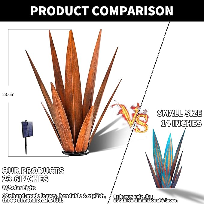 KODIBO 24" Large Metal Agave Plant Outdoor Decor with Solar Light, Rusty | IP65 Waterproof Solar Light, Weather-Resistant Metal, Hand-Painted Finish, Tequila Rustic Sculpture, Southwestern Style Decor