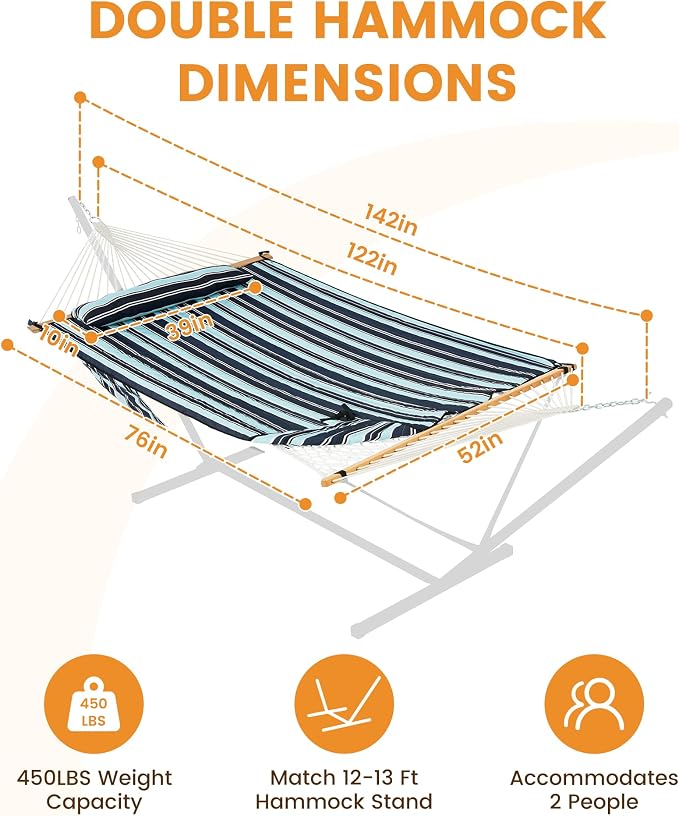 Lazy Daze Hammocks Rope Hammock with Pad, Spreader Bar, Carabiners, Tree Straps, Chains for Outside Patio- Max 450 Lbs, Dark Blue Stripes