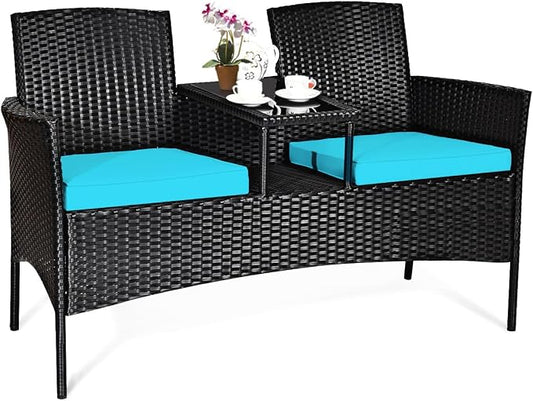HAPPYGRILL Outdoor Rattan Loveseat Set Patio Wicker Conversation Set with Removable Cushions, Wicker Sofa Furniture Set with Coffee Table for Garden Lawn Backyard