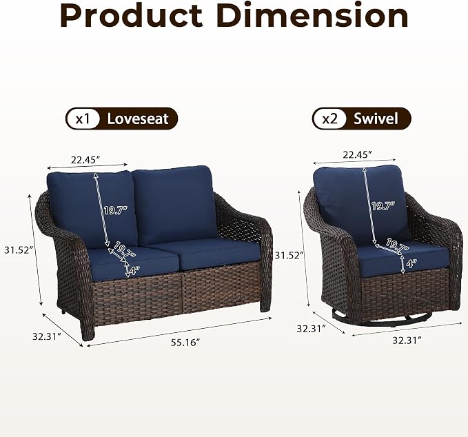 3 Piece Patio Wicker Conversation Set, All-Weather Use Outdoor Wicker Loveseat with 2 PE Rattan 360 Swivel Chair, Ideal for Porch, Backyard, Balcony, Poolside, Blue