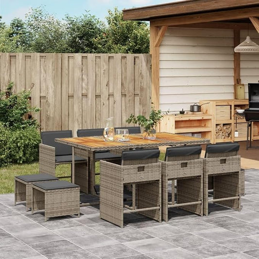 11 Piece Outdoor Patio Dining Set, Space-Saving Cube Garden Furniture with Acacia Wood Table, 6 Chairs and 4 Stools, Gray Poly Rattan