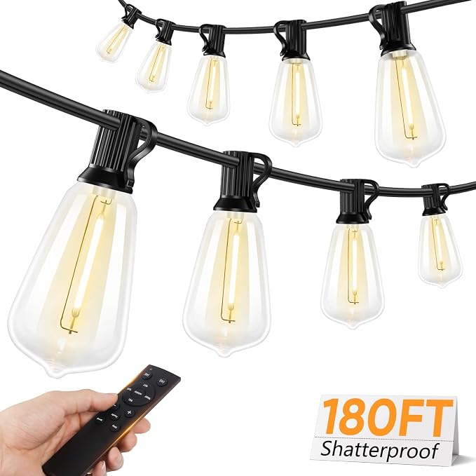 180FT LED Outdoor String Lights, Dimmable Patio Lights with Remote Control, 56 Shatterproof ST38 Edison Bulbs, 3 Lighting Modes, 3H/5H Timer, Outdoor Hanging Light for Pool，Fence, Garden