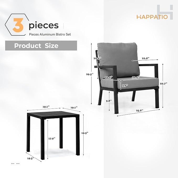 HAPPATIO Aluminum Patio Furniture Set, 3 Pieces Conversation Set with Thick Cushions and Side Table, Waterproof and Rustproof for All Weather, Seating Sofa for Garden, Backyard, Porch, Black