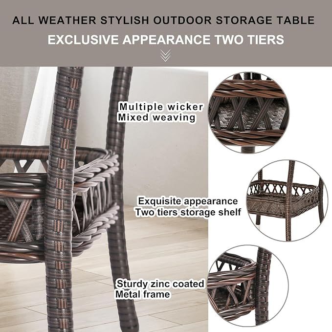 Outdoor Side Table Patio Wicker Coffee Table Outdoor End Table Rattan Bistro Table with Storage & Black Glass Table Top Square for Outside Balcony Porch Backyard Deck Brown