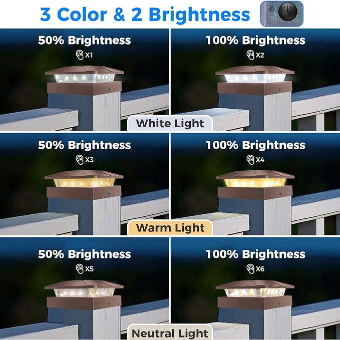 4x4 Solar Post Cap Lights Outdoor with 3 Lighting Modes, 4 Packs Brown Fence Caps Light Fits 4×4/3.5×3.5 Wood/Vinyl Posts, Waterproof Post Top Lighting for Deck Mailbox Porch Railing