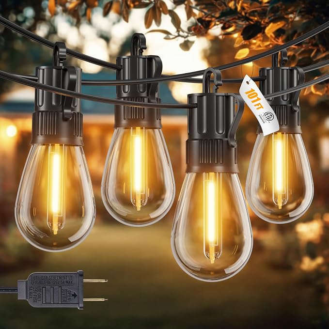 Minetom 101FT Outdoor String LED Patio Lights Waterproof,Shatterproof S14 Vintage Edison Bulbs,Commercial Grade Outside Hanging Lights Waterproof for Porch Deck Garden Backyard Balcony Cafe Bistro