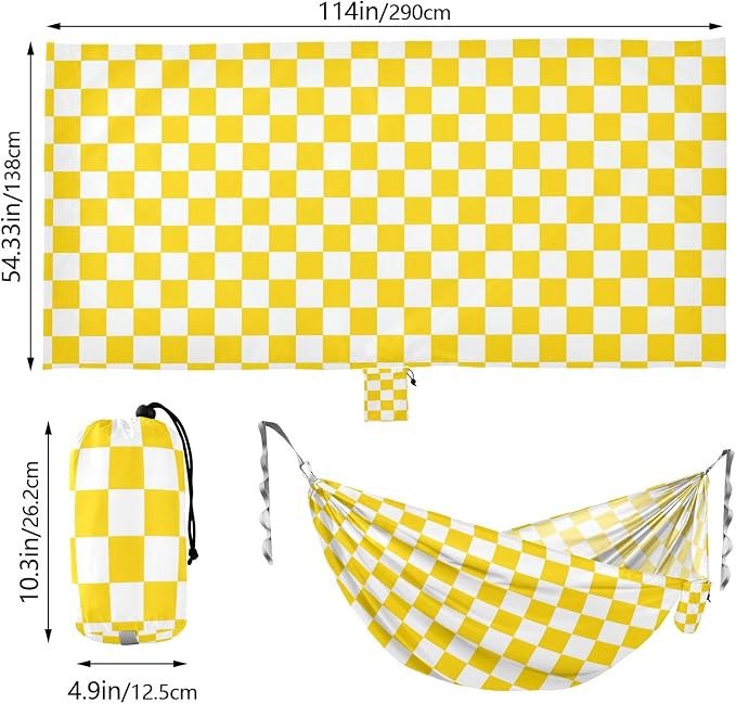 Camping Hammock Outdoor Hammocks for Outside Yellow White Checkered Beach Trees Portable Lightweight with Pockets Tree Straps Indoor