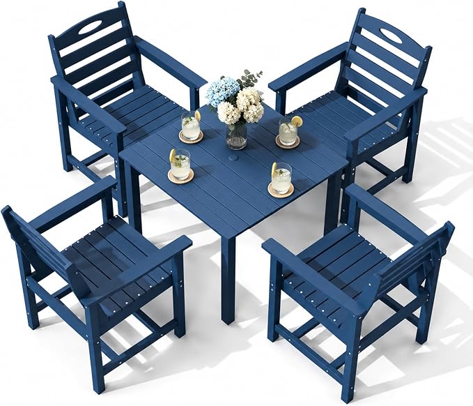 Domi HDPE Outdoor Dining Set, All-Weather Outdoor Dining Table Set of 5 with 2" Umbrella Hole, Outdoor Patio Dining Set for Garden, Poolside, Backyard, Deck, Blue