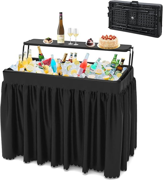 Double-Layer Ice Cooler Folding Table, Party Chilling Table with Drain and Detachable Black Skirt to Keep Drinks Cool for Weddings, Outdoor, Picnics, Pool Parties