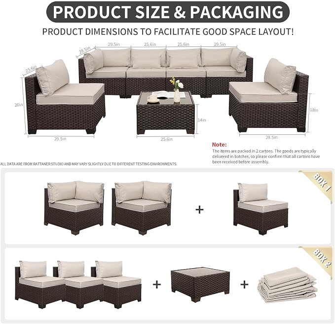 Rattaner 7 Pieces Wicker Patio Furniture Conversation Set Outdoor Sectional Sofa Glass Coffee Table with Non-Slip Cushions and Furniture Cover, Beige