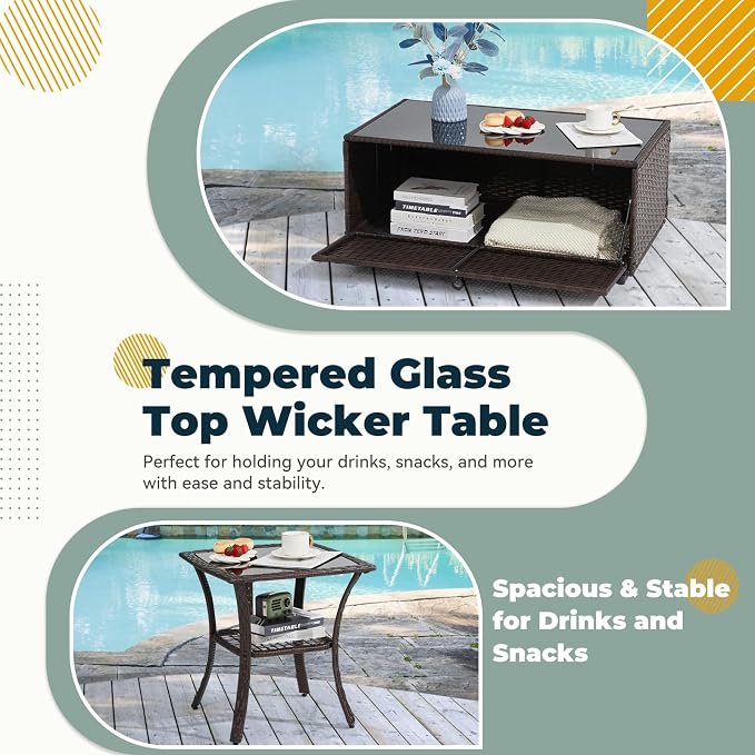 7 Pieces Outdoor Furniture Set with Swivel Chairs, Wicker Patio Furniture for Porch Deck Bistro Lawn Garden Backyard Poolside-Khaki