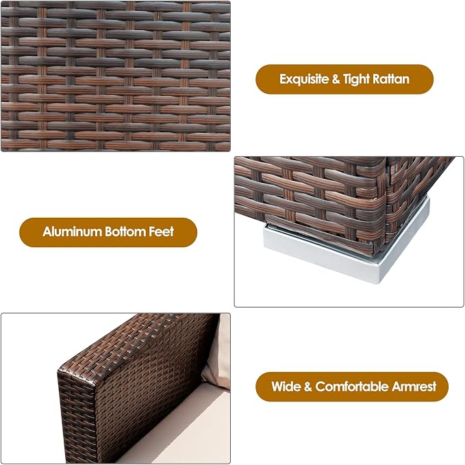 Patio Conversation Set Outdoor, 3-Piece Rattan Wicker Furniture Set with Water-Resistant Cushion & Tempered Glass Tabletop, Patio Furniture Set for Balcony, Porch, Poolside(Beige)
