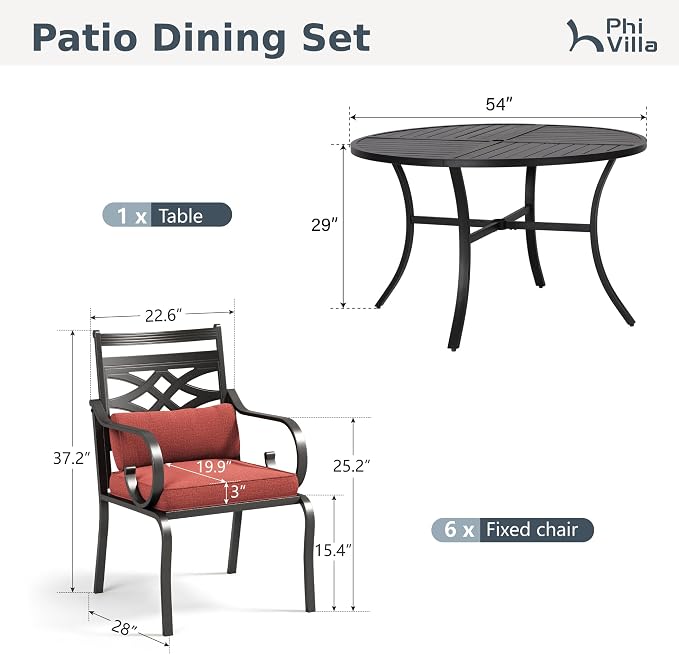 PHI VILLA Patio Dining Set, Round Metal Table | Metal chairs, Red, Umbrella Hole, Cushions, E-coated