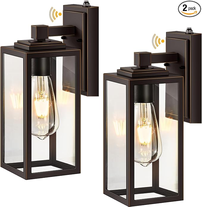 VIANIS Dusk to Dawn Outdoor House Lights Wall Mount, 2 Packs Oil Rubbed Bronze Gold Trim Exterior Garage Lighting Fixtures, Farmhouse Outdoor Wall Sconce Lantern for Porch Patio, Anti-Rust Waterproof