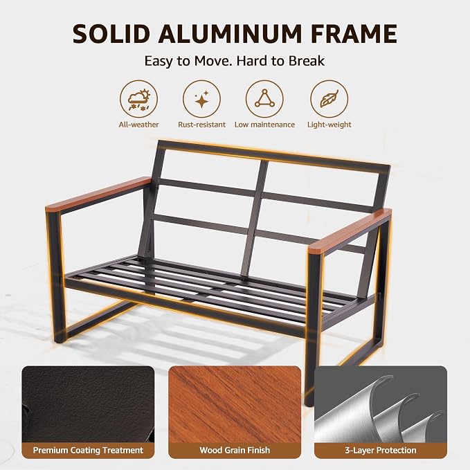 NATURAL EXPRESSIONS Aluminum 3-Piece Patio Bistro Set, Outdoor Furniture Set with 2 Armchairs and 1 Table, Fauxwood Armrest, 6" Olefin Cushion, All-Weather Patio Chair for Porch, Yard, Balcony, Deck