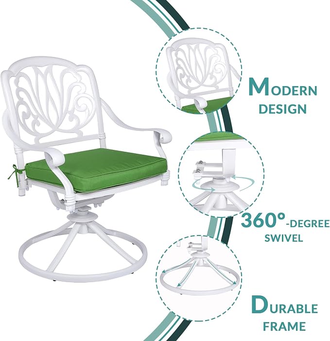 MEETWARM 3-Piece Outdoor Patio Dining Set, All-Weather Cast Aluminum Patio Conversation Set for Backyard Garden with 2 Cushions Swivel Rocker Chairs and 35.4" Round Table, 2.2" Umbrella Hole, White
