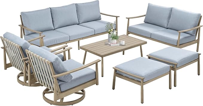 HAPPATIO Patio Outdoor Furniture Set - 7 Pieces Aluminum Outdoor Conversation Set Includes 1 Three-Seater Sofa, 1 Loveseat, 1 Coffee Table, 2 Swivel Chairs and 2 Ottomans for Porch, Lawn (Brown)