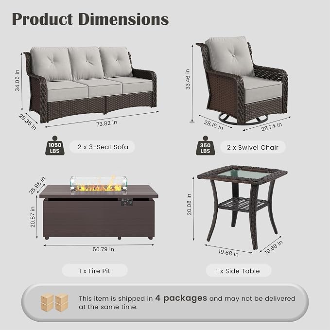 Sundale Outdoor Wicker Patio Furniture Set with Fire Pit, 6 Piece All Weather Outdoor Furniture Set with Swivel Chairs & Couch, High Back Patio Conversation Sets with 6" Cushions for Yard, Deck (Grey)