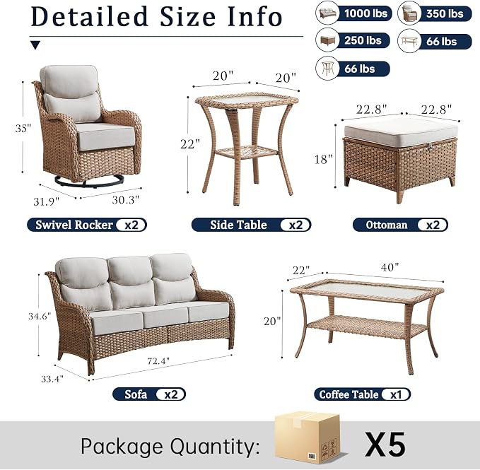 Luxury 6" Thick Cushion 9 Pieces Wicker Patio Furniture Set with High Back Swivel Rocker Chairs, Outdoor Conversation Set with Patio Couch for Deck Porch Yard and Poolside
