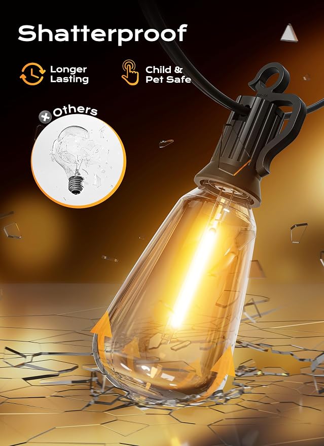Brightown Outdoor String Lights, 100FT 50+2 LED ST38 LED Patio Lights Shatterproof, Dimmable IP65 Waterproof Connectable Hanging Outdoor Light for Backyard, Porch, Deck, Balcony