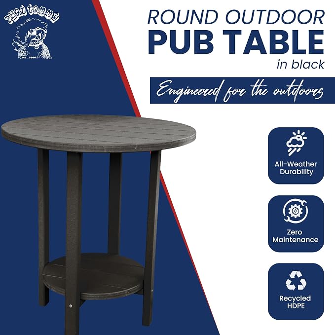 Phat Tommy Round Bar Height Patio Table - Outdoor Bar Table - Balcony Height Patio Furniture for Your Deck - Poly Outdoor Furniture, Black