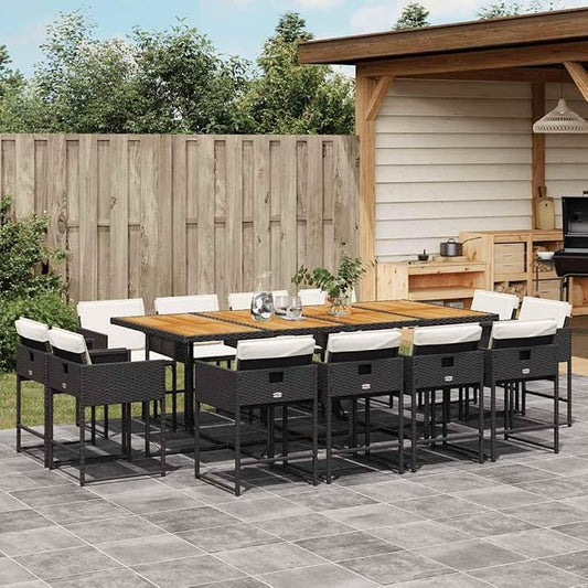 13 Piece Patio Dining Set with Cushions Black Poly Rattan Outdoor Furniture Table and 12 Folding Chairs for Garden Backyard Entertaining UV Proof 242.5 lb Load Capacity