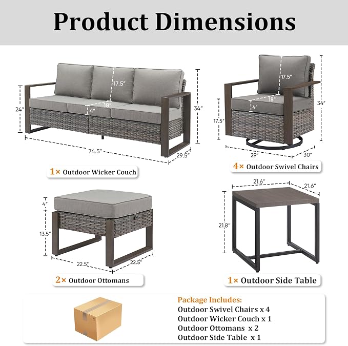8-Piece Outdoor Patio Furniture Set with 4 Swivel Chairs, All-Weather Wicker Sofa Set for Garden, Yard, Porch and Poolside Seating, Grey/Grey