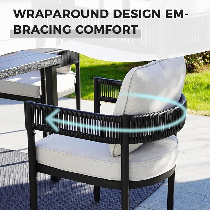 Grand patio 5-Piece Expandable Table Dining Set for 6 to 10, Aluminum Outdoor Dining Table with Glass Tabletop, Metal Woven Wicker Fixed Patio Chairs with Cushions for Yard, Poolside, Deck (Black)